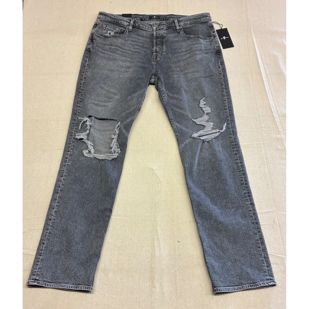 7 For All Mankind The Straight Jeans Mens 38 Gray New Distressed Indie Sleeze